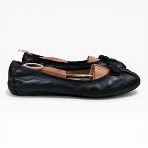 Salvatore Ferragamo My Joy Black Leather Ballet Flats Silver Bow Logo